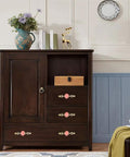 Ceramic Rose Cabinet Knobs With Bronze Backplates In Cute Pink Vintage Flower Drawer Pull Handles For Dresser Cupboard Wardrobe Includes Mounting Screws 4 Pack installed on dark wooden dresser.