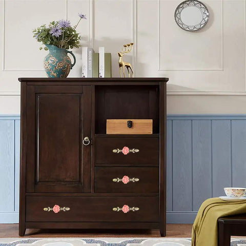Ceramic Rose Cabinet Knobs With Bronze Backplates In Cute Pink Vintage Flower Drawer Pull Handles For Dresser Cupboard Wardrobe Includes Mounting Screws 4 Pack installed on dark wooden dresser.