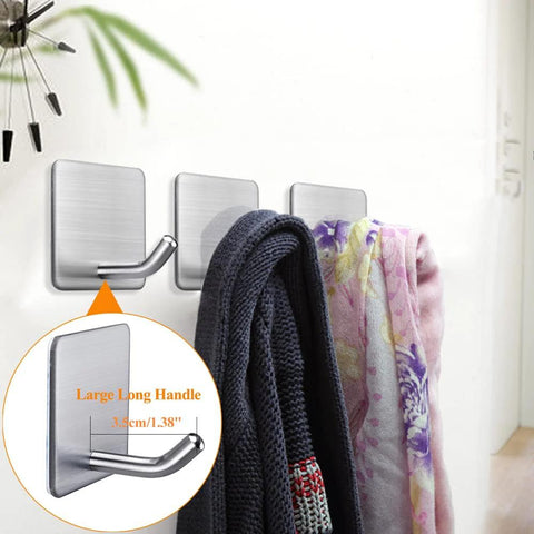 Heavy Duty Adhesive Towel Hooks 4 Pack Stainless Steel Self Adhesive Wall Hangers in use with towels hanging, brushed finish