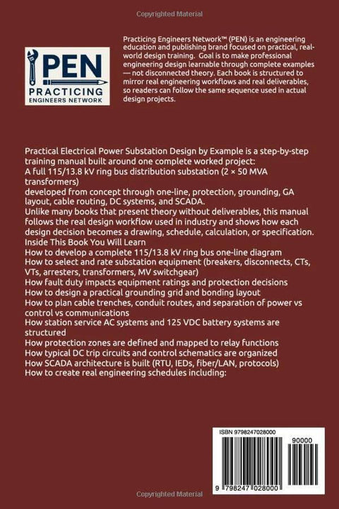 Book back cover: Practical Electrical Power Substation Design by Example; PEN logo, descriptive text, and barcode.
