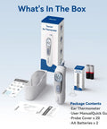 Ear Thermometer With Heated Tip And Smart Age Mode For Babies To Adults, box contents with thermometer, probe covers, manual and batteries