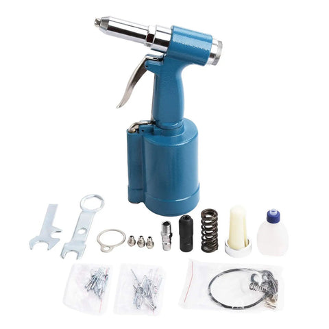 Heavy Duty Pneumatic Air Pop Rivet Gun With Hard Case Delivers Pro Grade High Speed Power To Set Rivets Up To 3 16 Inches Instantly Complete Kit with accessories.