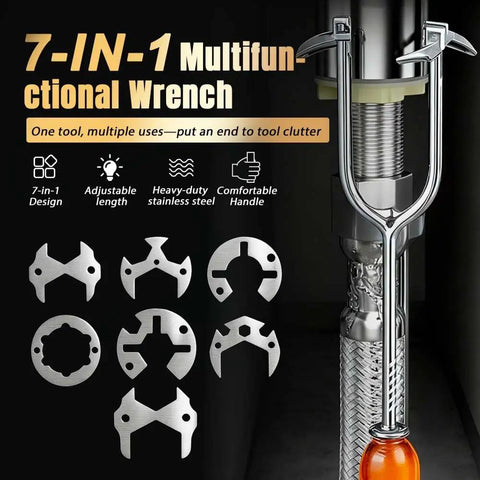 Under Sink Basin Wrench Tool With Seven Interchangeable Heads Pro Grade Plumbing Wrench For Tight Spaces And Faucet Installations Removal In Kitchen And Bathroom Home DIY shown with 7 heads and features.