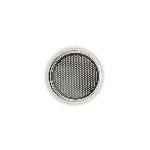 Top view of Pro Grade 16-18 Gram Espresso Filter Basket For La Specialista DL2TH26E showing 499 holes and steel material.