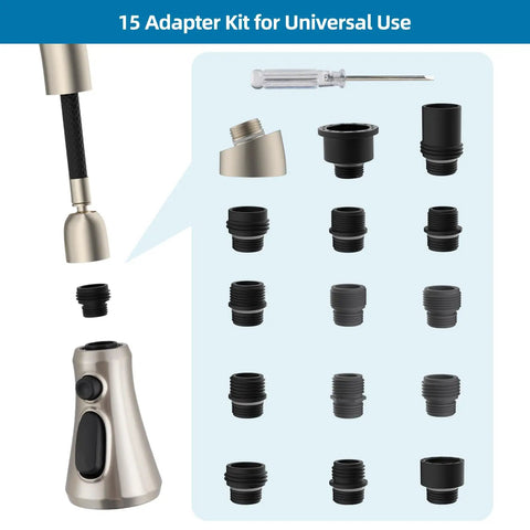 Universal Kitchen Faucet Head Replacement With 15 Adapter Kit 3 Function Pull Down Sprayer Brushed Nickel Finish shown with adapters