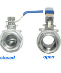 Front view of Heavy Duty NPT Female 316 Stainless Steel Full Port Ball Valve With Vinyl Handle showing open and closed positions.