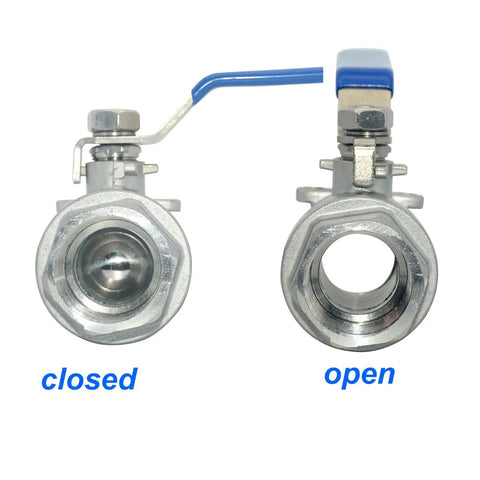 Front view of Heavy Duty NPT Female 316 Stainless Steel Full Port Ball Valve With Vinyl Handle showing open and closed positions.