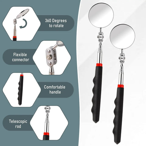 Two Pack Telescoping Inspection Mirror Set With Flexible Circular Mirrors, 360 Degree Rotating Heads and Extended Handle for Easy Vehicle Checks