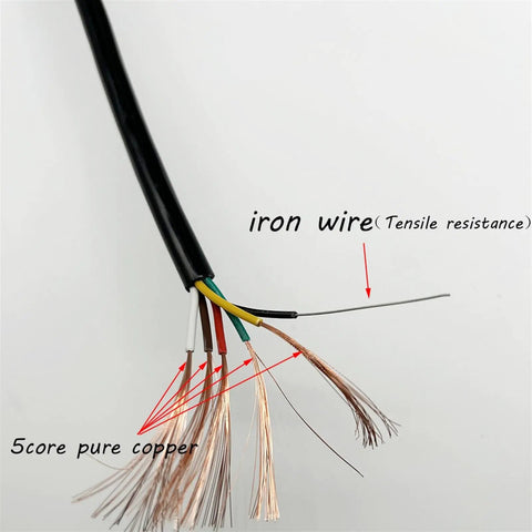 Close-up view of Top Shelf Expandable Coiled Power Cord Spring Retractable Extension Wire, showcasing 5 core pure copper wiring.