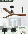 52 Inch No Light Ceiling Fan for Indoor Outdoor Use With Remote Control 3 Blade Reversible DC Motor Modern Wood Walnut Finish