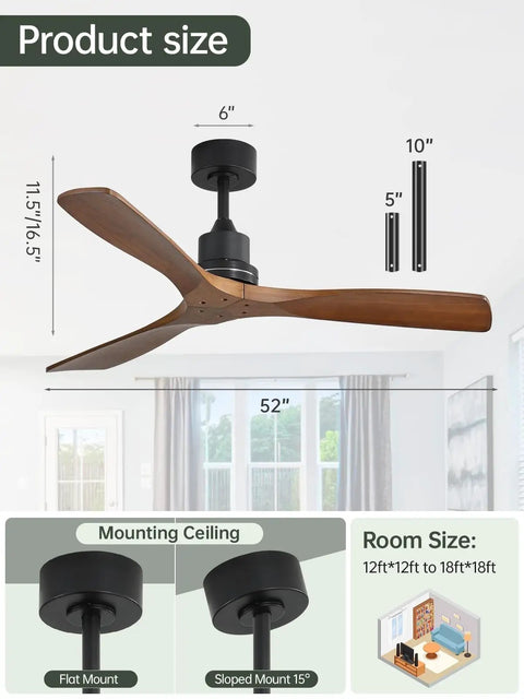 52 Inch No Light Ceiling Fan for Indoor Outdoor Use With Remote Control 3 Blade Reversible DC Motor Modern Wood Walnut Finish