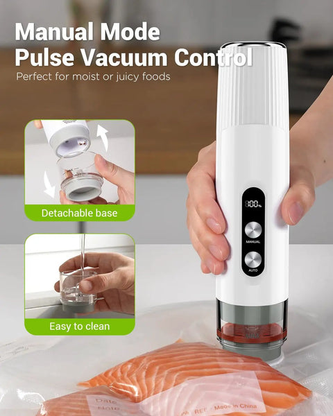 Cordless Handheld Food Vacuum Sealer With 30 Reusable Bags, compact design sealing salmon in vacuum bag