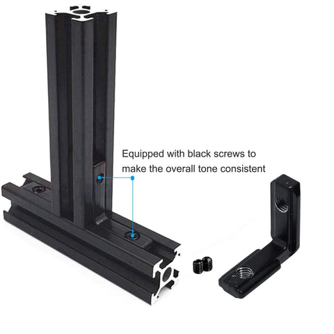 20Pcs L Shape Corner Brackets For 20 Series Aluminum Extrusion shown with black screws and zinc alloy corner brace for 2020 profiles