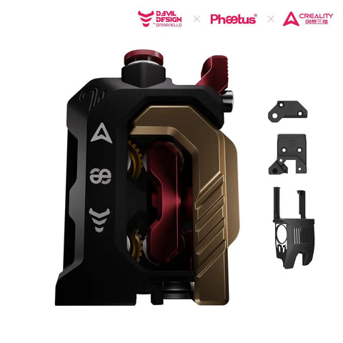 DXC2 Magnetic Extruder Upgrade For Creality K2 Series 3D Printers showing black and gold design with detachable parts for maintenance.
