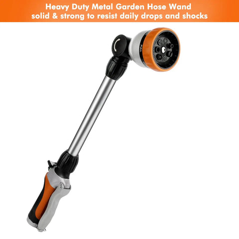 Bombproof Heavy Duty Metal Watering Wand With 16 Inch Hose Nozzle Sprayer, 7 Spray Patterns, durable zinc alloy, orange
