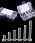 Hex Socket Screw Set Kit With 180 Heavy Duty Stainless Steel Screws For Appliance And Machine Repair Rust Resistant 304 Grade Hardware All Purpose Assortment For DIYers And Pros, case and size display