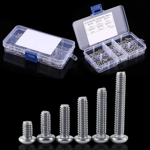 Hex Socket Screw Set Kit With 180 Heavy Duty Stainless Steel Screws For Appliance And Machine Repair Rust Resistant 304 Grade Hardware All Purpose Assortment For DIYers And Pros, case and size display