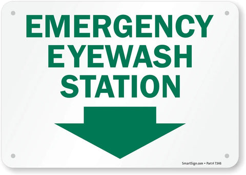 Emergency Eyewash Station Sign With Down Arrow, 7 By 10 Inch Durable Plastic HDPE Safety Sign With Pre Drilled Holes For Easy Mounting, Outdoor Weather Resistant, 100 Percent Recyclable Base Material