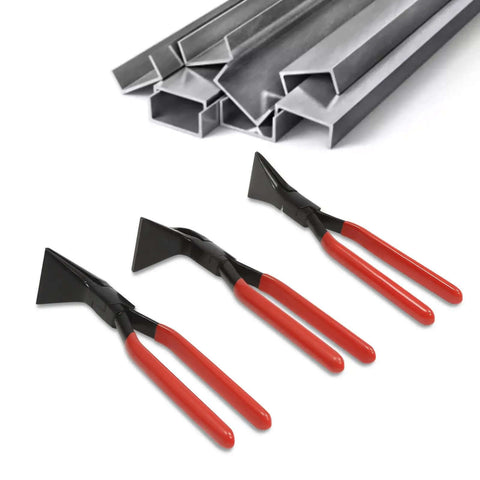 3 Piece Bending Pliers Set for Sheet Metal and Auto Repair with straight, 45° and 90° pliers, heavy duty carbon steel hand seamers.