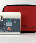 Front view of WNL WL120ES10 AED trainer with white unit and red carrying case.