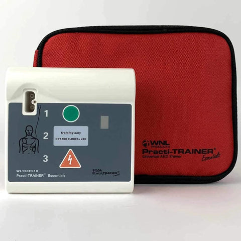 Front view of WNL WL120ES10 AED trainer with white unit and red carrying case.