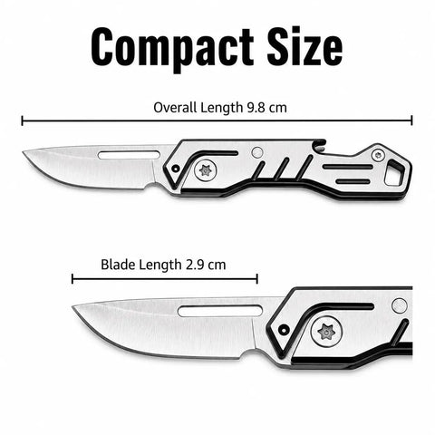 Lil Mini Stainless Steel Pocket Knife With Beer Bottle Opener For Everyday Carry shown in compact size with blade length details
