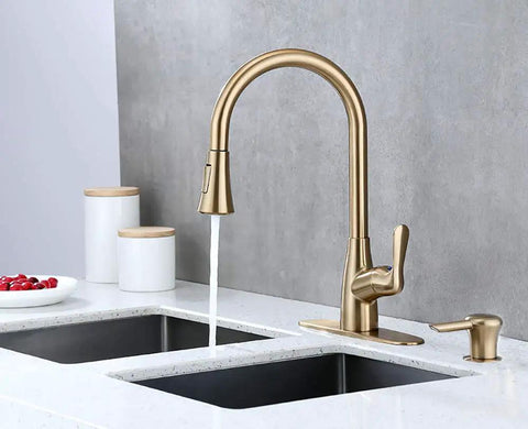 Brushed Gold Kitchen Faucet With Pull Down Sprayer And Soap Dispenser, Deck Plate Included, Fits Single Hole Or Three Hole Install