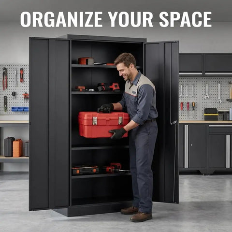 Built Like A Tank 71 Inch Tall Metal Storage Cabinet With Secure Locking Double Doors And Five Fully Adjustable Shelves In Durable Black Finish For Garage And Office