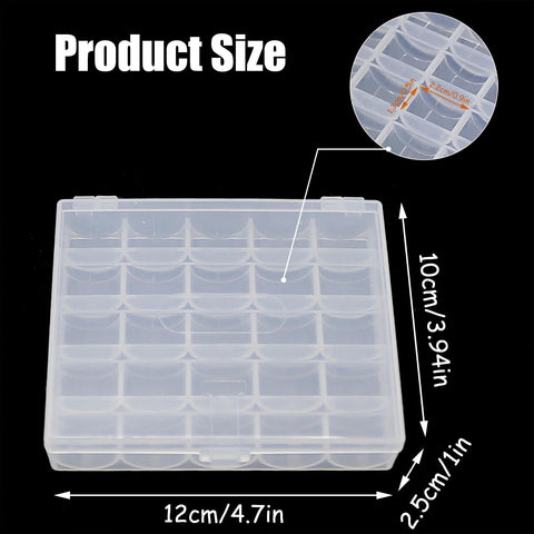 Front view of clear plastic bobbin box with 25 slots for sewing machine bobbins, 12 cm wide.