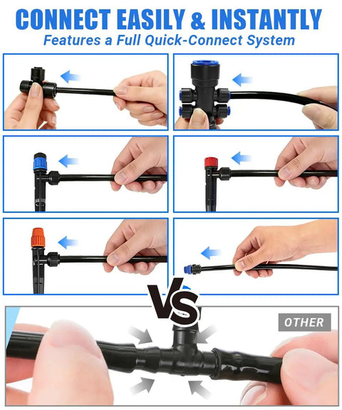 237 Feet Quick Connect Drip Irrigation Kit With 40 Adjustable Nozzles demonstrating easy lock fittings for DIY setup