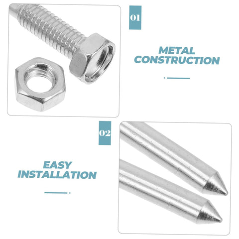 Close-up of metal stakes and bolt for 20 Pack Grass Spike Aerator Shoes For Lawn Soil Aeration With Heavy Duty Metal Stakes Versatile On Any Terrain Loosen Compacted Soil Improve Lawn Health And Growth With Easy Adjustable Straps And Durable Spikes, showing metal construction and easy installation.