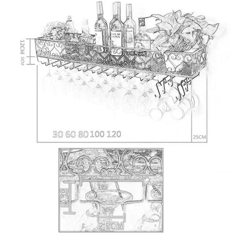 Straight Up Badass Wall Mounted Metal Wine Rack With Industrial Stemware Holder And Dual Row Bottle Organizer For Swanky Kitchen Or Home Bar Setup Black dimensions and arrangement