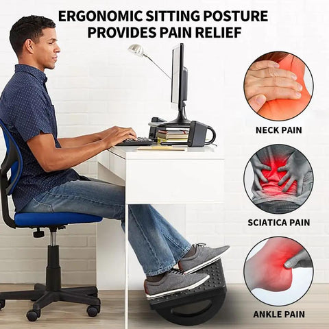 Man using Under Desk Foot Rest For Office And Gaming Chairs Ergonomic Rocking Footstool With Roller Massager for comfort.