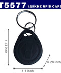 Single fob from 125KHz RFID Fob Tags T5577 Writable Cards Pack Of 10 With Keychain Ring For Easy Carry shown with dimensions