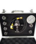All In One Pro Grade Hydraulic Ni-tro-gen Accumulator Charge Kit with Fill Kit in open case showing fittings and pressure gauge