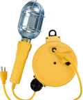 Metal Shield Incandescent Utility Light With Grounded Receptacle On A 20 Foot Retractable Reel Yellow Heavy Duty Work Light