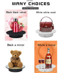 Qinmay 360 Degree Electric Rotating Turntable Display Stand Rechargeable Low Noise Smooth Rotation Non Slip Photography Platform With Mirror Glass White 7.8 Inch Load 17 Lbs Heavy Duty Showpiece Base displaying cosmetics, handbag, teddy bear, and alcohol.