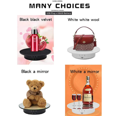 Qinmay 360 Degree Electric Rotating Turntable Display Stand Rechargeable Low Noise Smooth Rotation Non Slip Photography Platform With Mirror Glass White 7.8 Inch Load 17 Lbs Heavy Duty Showpiece Base displaying cosmetics, handbag, teddy bear, and alcohol.