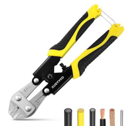 XUDYVCO 8-inch bolt cutters with yellow/black non-slip handles and spring-loaded design for cutting wire and cables