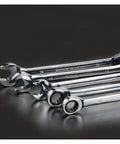 72-Tooth Ratchet Spanner Set With Fixed Head Wrenches, close-up of four chrome vanadium wrenches on a black surface
