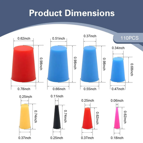 Grab This Awesome 110 Piece Silicone Plug Kit With Eight Diverse Sizes And Super Cool Colors For Painting, Powder Coating, And High Heat Protection That Truly Slaps. 110PCS dimensions chart