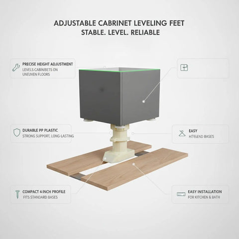 Durable PP Plastic Adjustable Cabinet Leveling Foot 4 Inch Furniture Leg with stable support for kitchen and bathroom vanities.