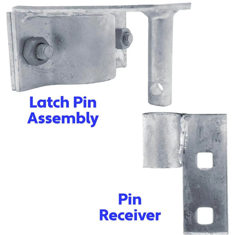 Rock Solid Chain Link Gate Latch Kit Compatible With 1 5/8 And 1 7/8 Inch Pipe Includes Bolts And Nuts For No Sweat Installation Case Of Ten showing latch pin assembly and pin receiver.