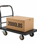 Hella Durable 2000 Lbs Steel Flatbed Cart Rolls Like Butter With Precision Locking Casters, carrying a box, 47x24 size.