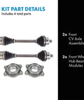 All In One Four Piece Front CV Axle And Wheel Hub Bearing Kit For 2002 2009 Audi A4 Replacement Set With Two Front CV Axles And Two Front Hub Modules Direct Fit Built Tough Ready To Install. Top view showing two axles and two wheel hub modules.