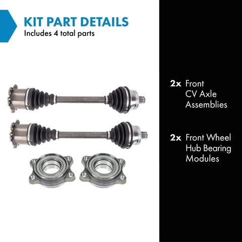 All In One Four Piece Front CV Axle And Wheel Hub Bearing Kit For 2002 2009 Audi A4 Replacement Set With Two Front CV Axles And Two Front Hub Modules Direct Fit Built Tough Ready To Install. Top view showing two axles and two wheel hub modules.