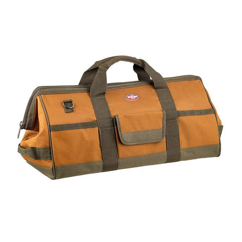 Side view of a Longboy Tool Bag With 16 Pockets, Heavy Duty 24 By 10 By 10 Inch Black Work Organizer for pros and DIYers.