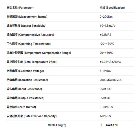 Specifications table for a 3 Nm Rotary Torque Sensor detailing measurement range, temperature range, and cable length.