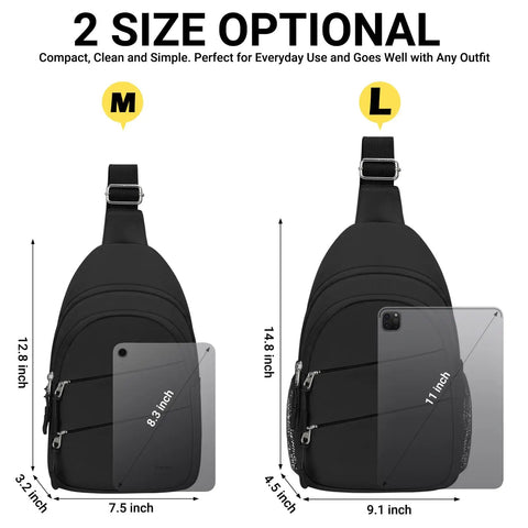 Crossbody Sling Bag For Men And Women, Lightweight Outdoor Travel Backpack, Small Hiking Daypack in black, size M and L comparison.