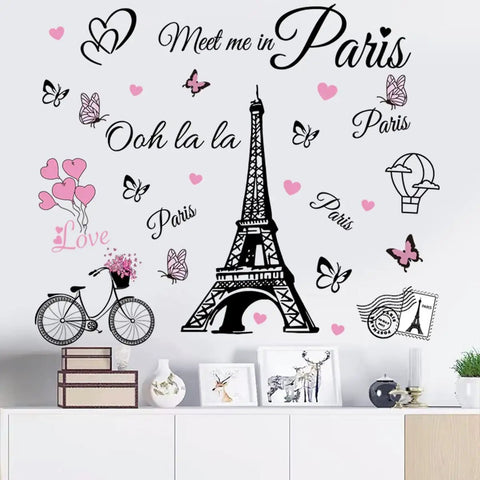 Dope Eiffel Tower Wall Decals Set With Balloons And Butterflies Removable Self Adhesive Vinyl Stickers on living room wall